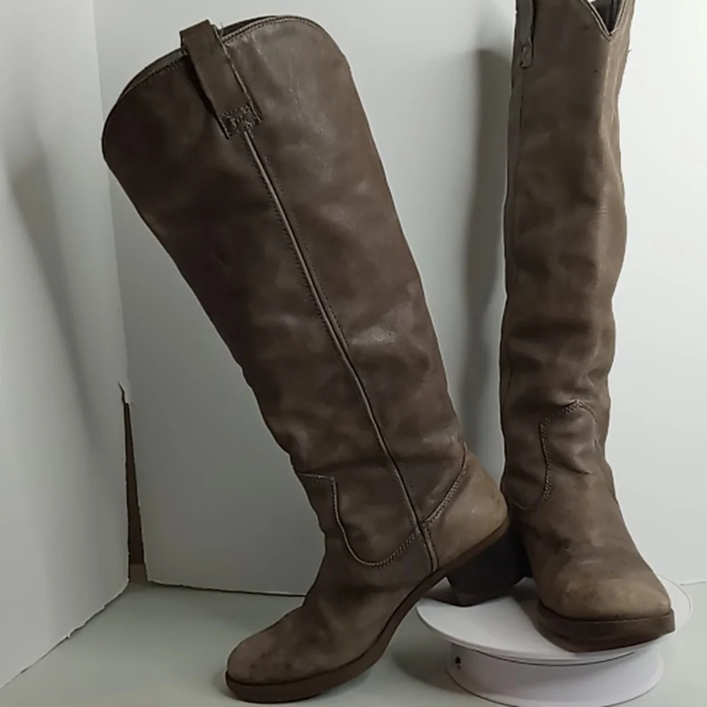Lucky Brand Leather Knee High Distressed Boots -Hippie- Grey Distressed - 6.5 M